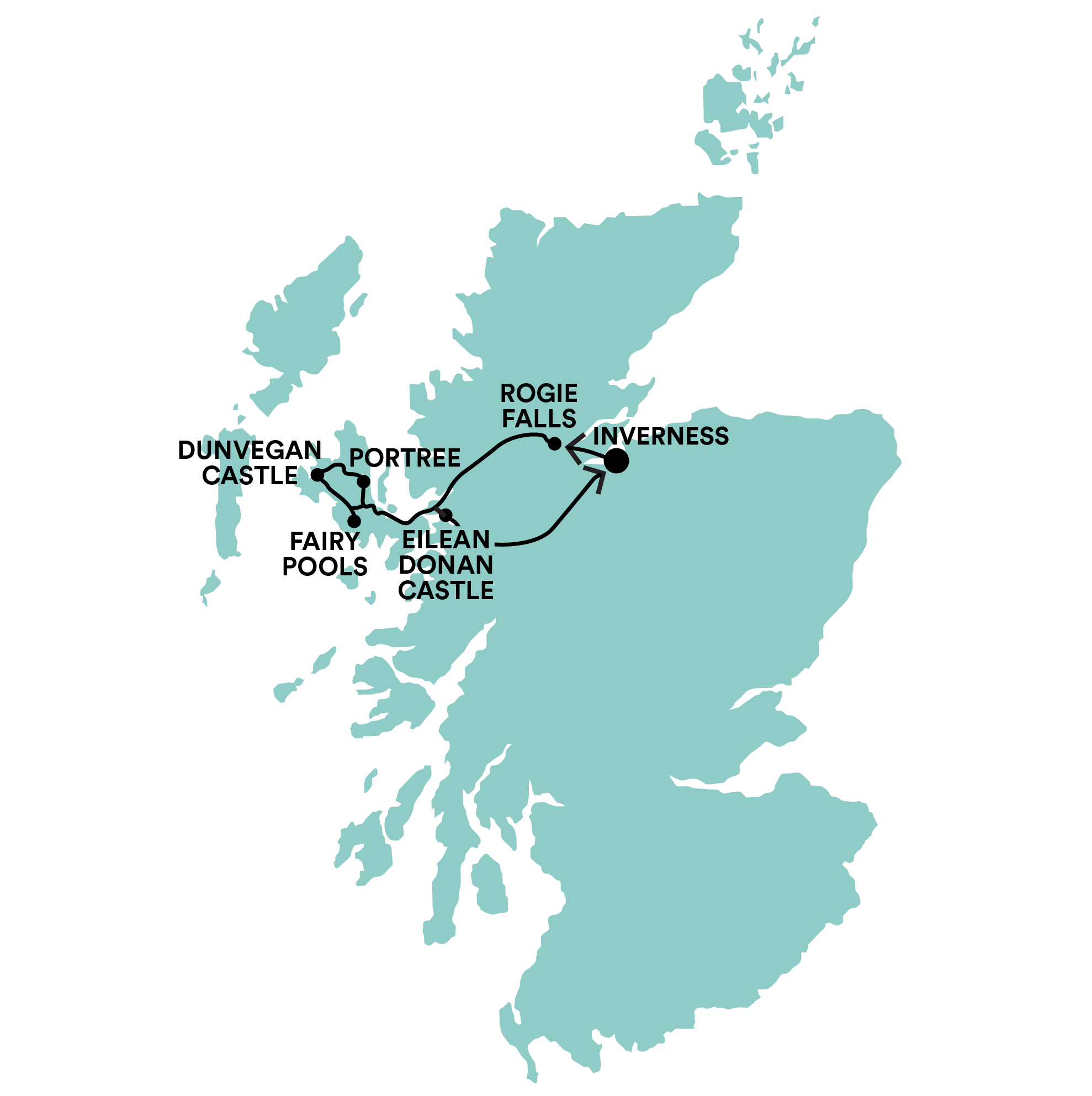 Castles, Skye & The Fairy Pools map of route