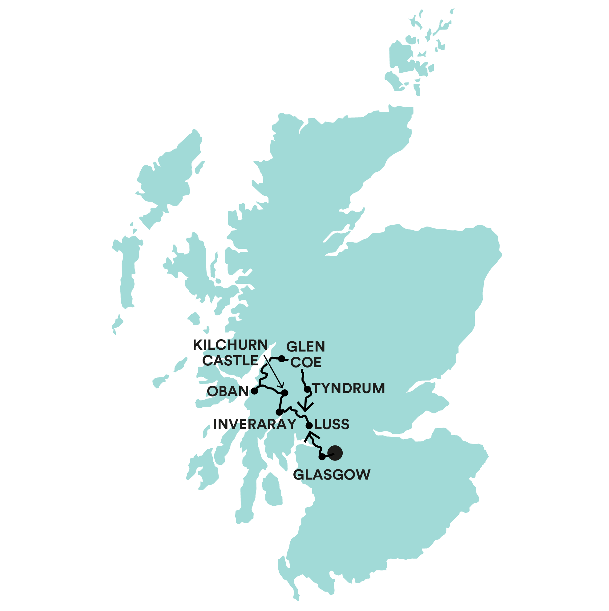 Lochs, Castles & The West Highlands map of route