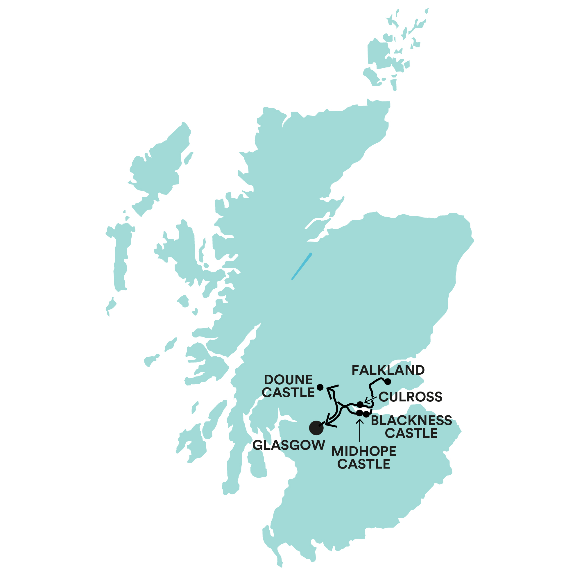 Castles, Clans & Outlander map of route